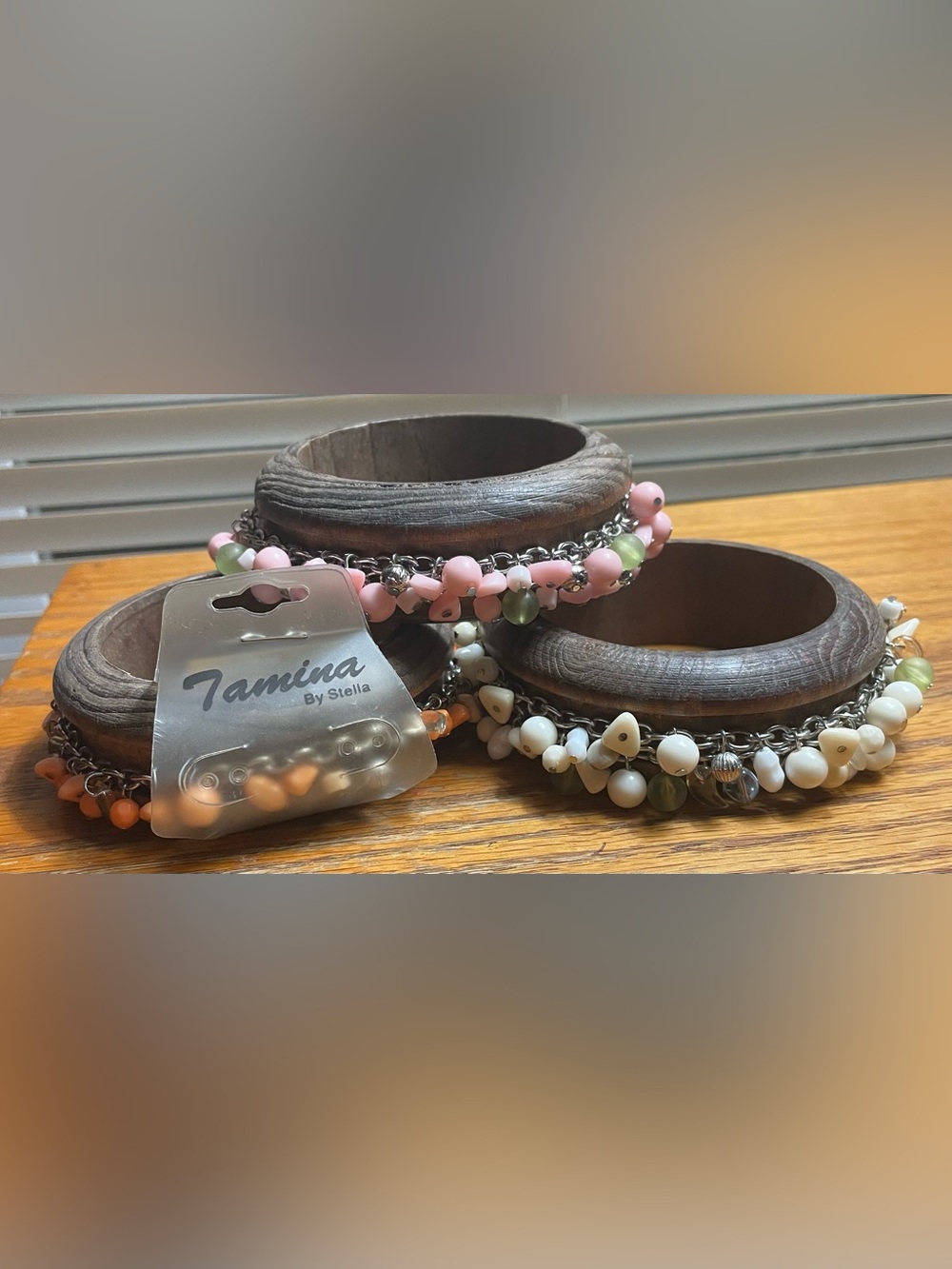 3 Tamina by Stella Wide Wooden Bangle Bracelets Boho Beaded Charm Brown Wood